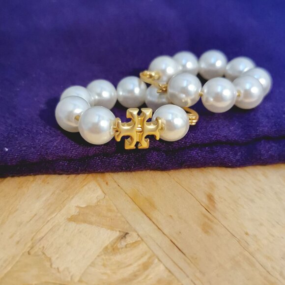 NEW Tory Burch Kira Pearl Hoop Earrings Gold - Picture 5 of 5